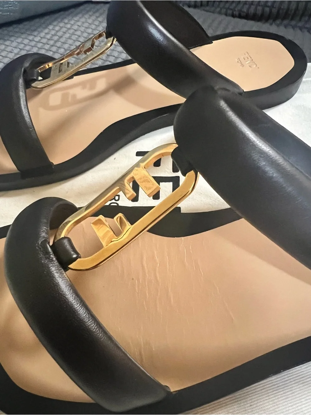 Fendi Black Leather Sandals with Gold Logo Accent